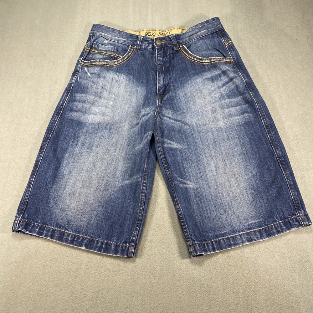 Gold Label Mens 34 Loose Baggy Y2K Style Jean Shorts Embroidered Button Flap